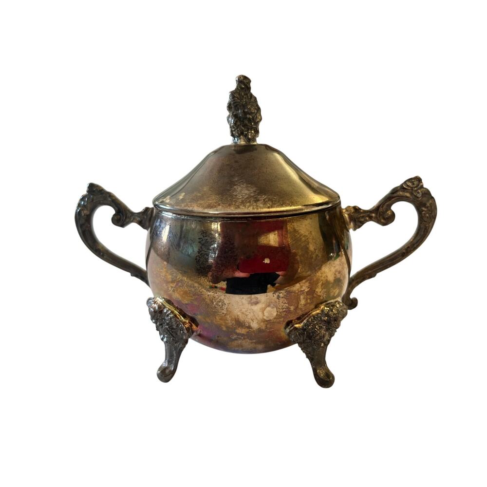 Vtg Silver Plated Lidded Sugar Bowl Lion Paw‎ Feet Victorian Revival Rose Finial